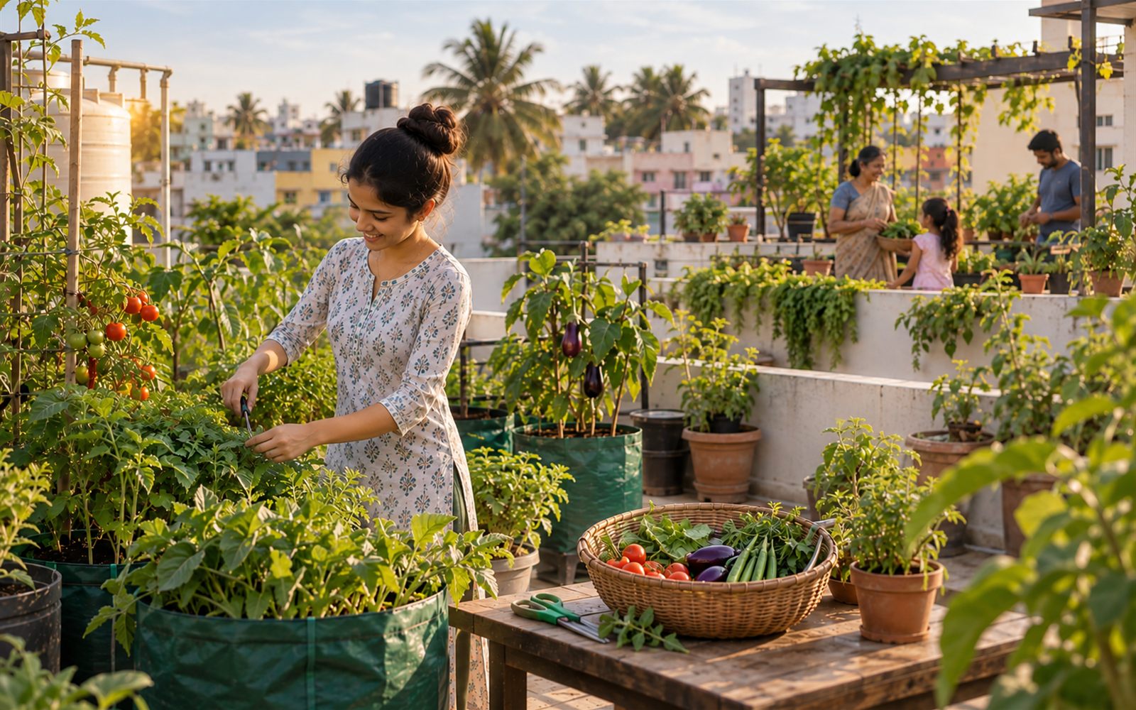 A rooftop garden in use - one woman tending plants in the foreground while a family works on a neighbouring terrace behind.