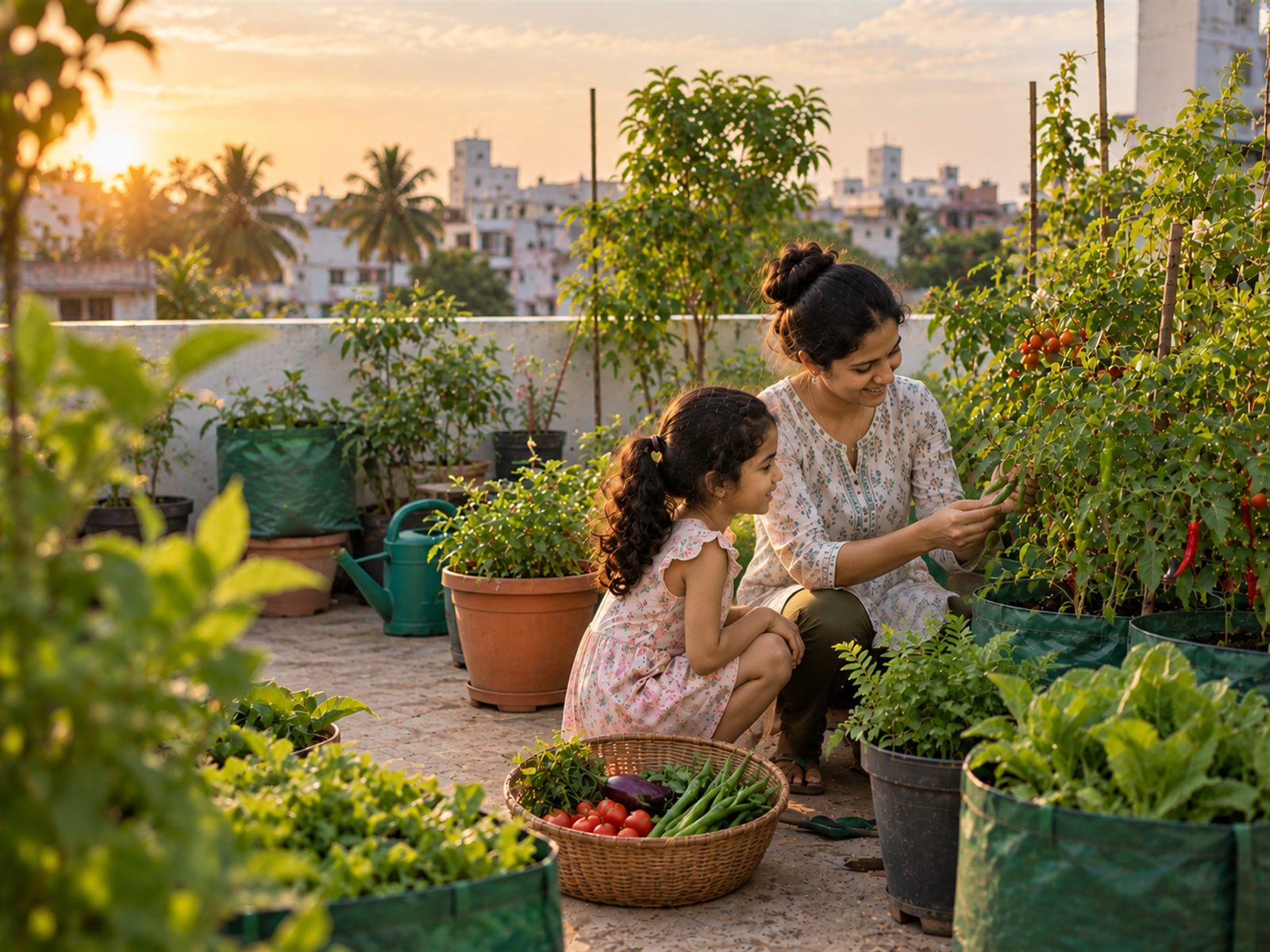 A woman and a young girl crouching together at a terrace garden bed, picking beans, with a full harvest basket beside them.