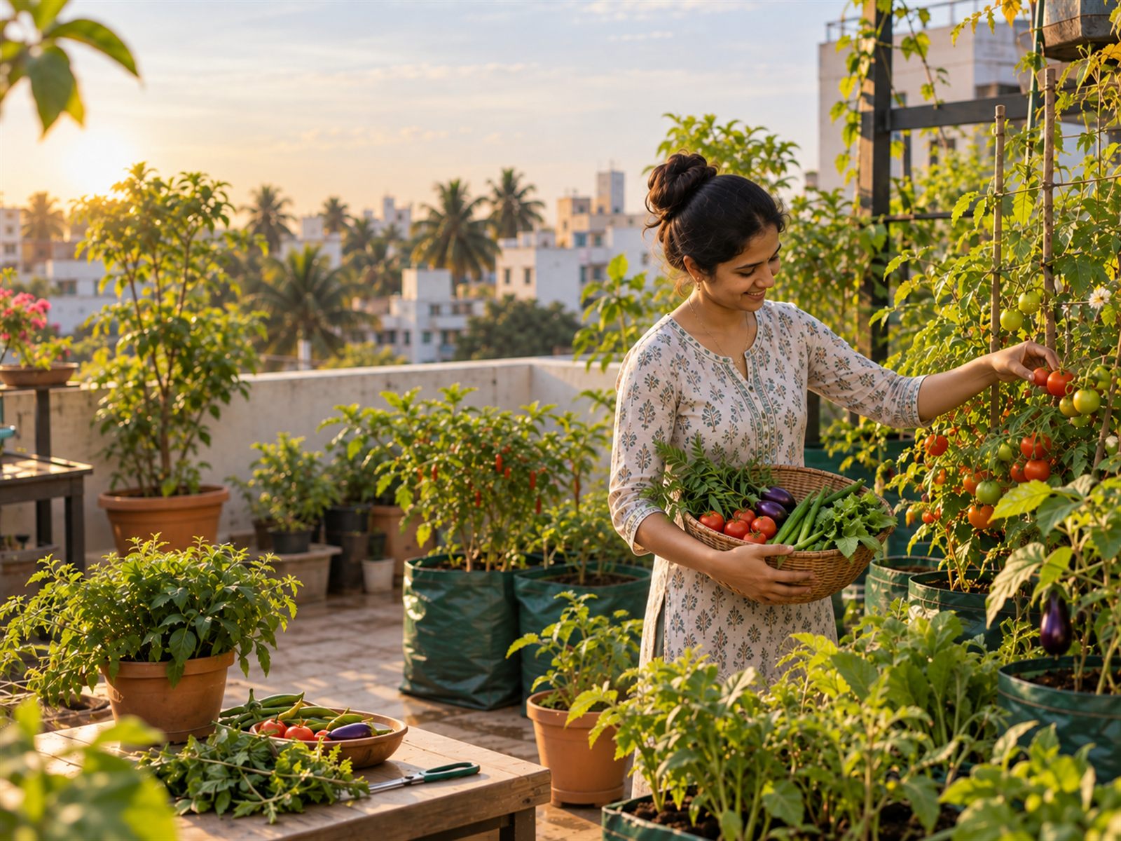 A woman holding a basket of just-picked tomatoes, beans and brinjal on her terrace at golden hour.