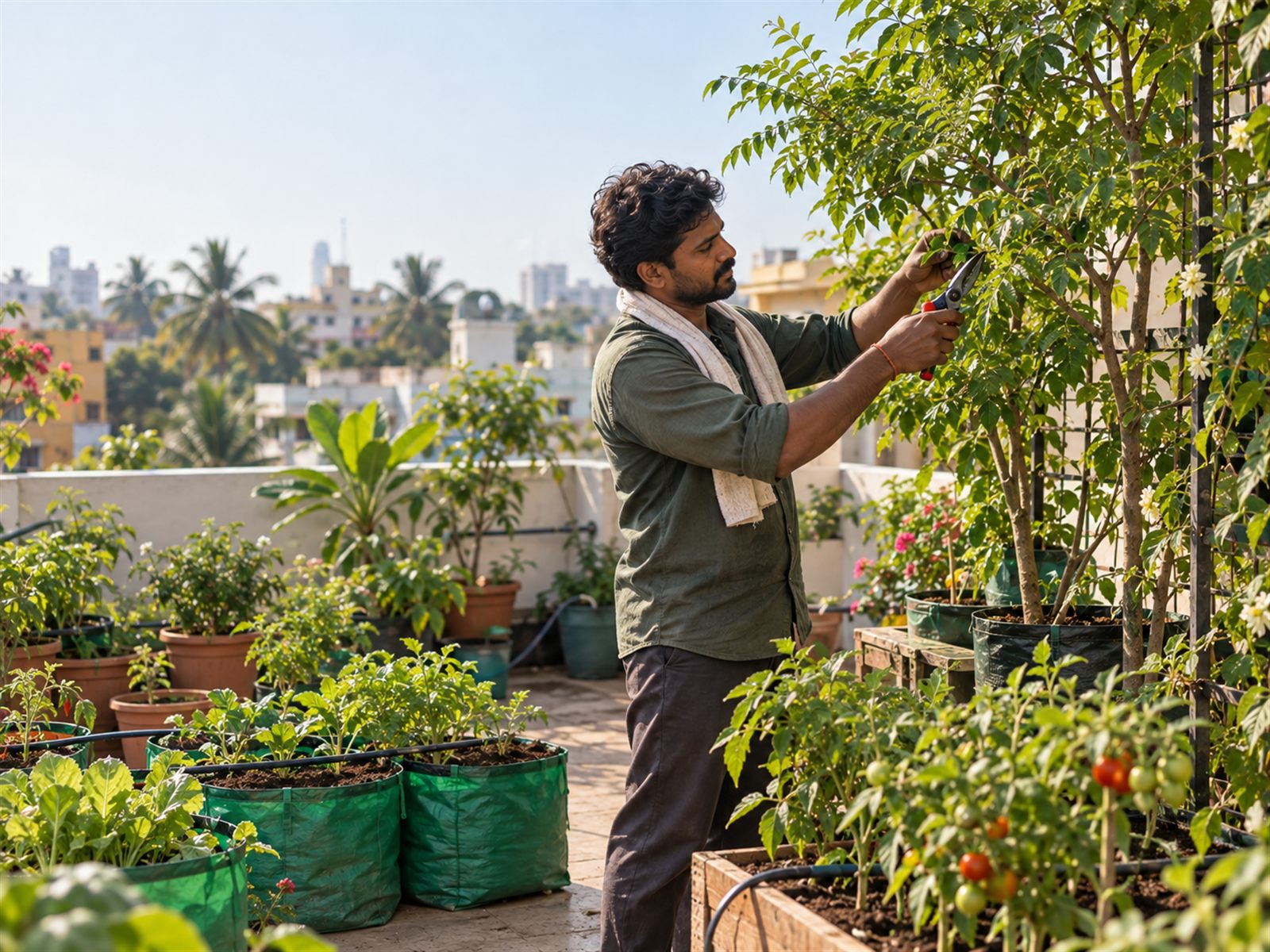 A man pruning a small tree on a terrace with secateurs, surrounded by grow bags and tomato plants.