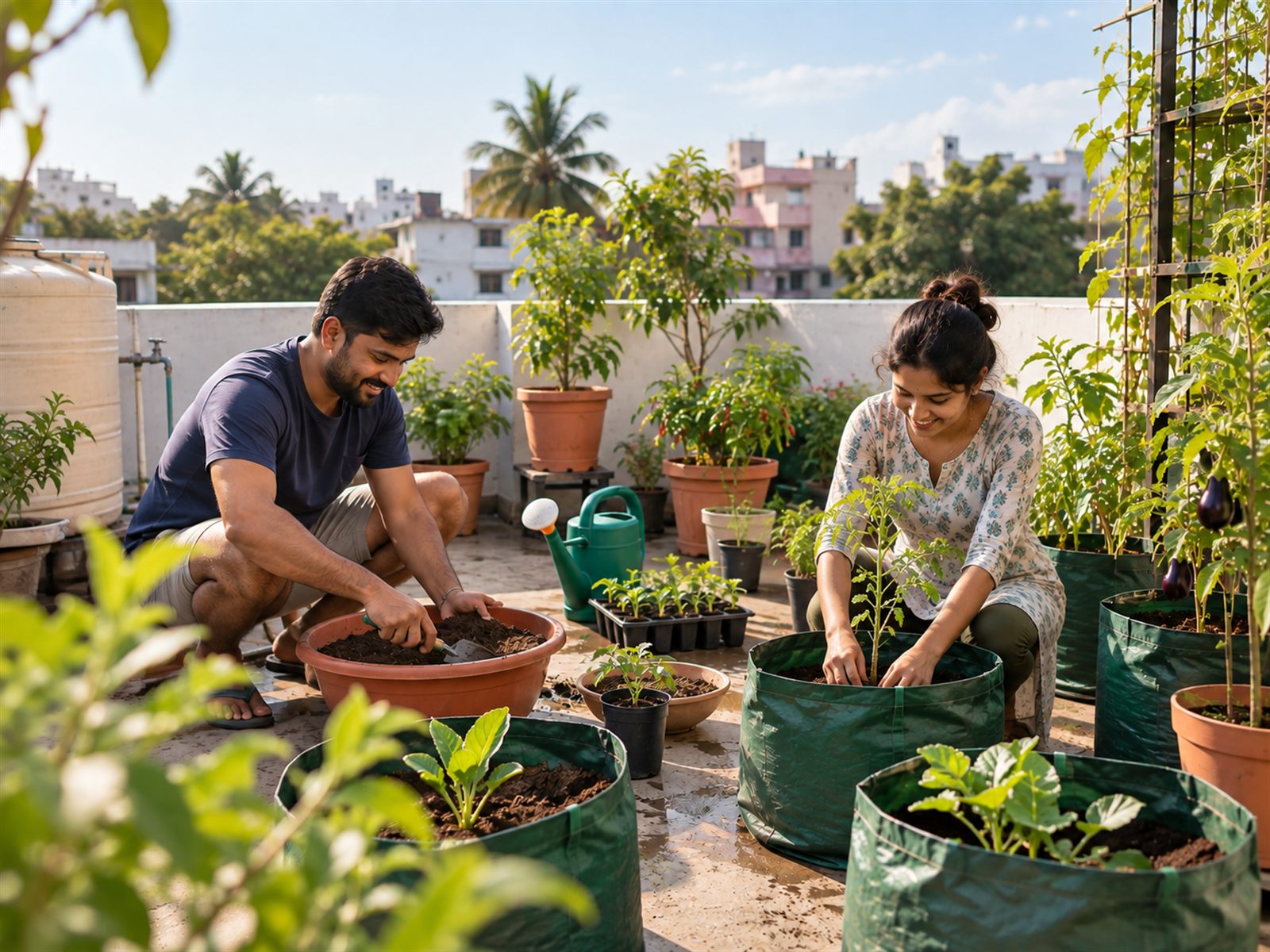 Two people setting up a rooftop garden together - mixing potting soil in a tub, with seedling trays and freshly planted grow bags around them.
